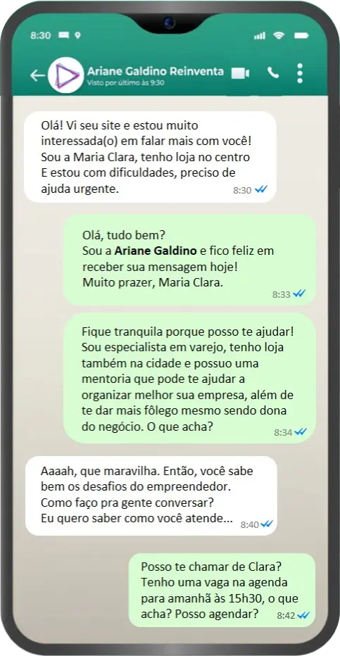 Exemplo de atendimento de Ariane Galdino pelo WhatsApp