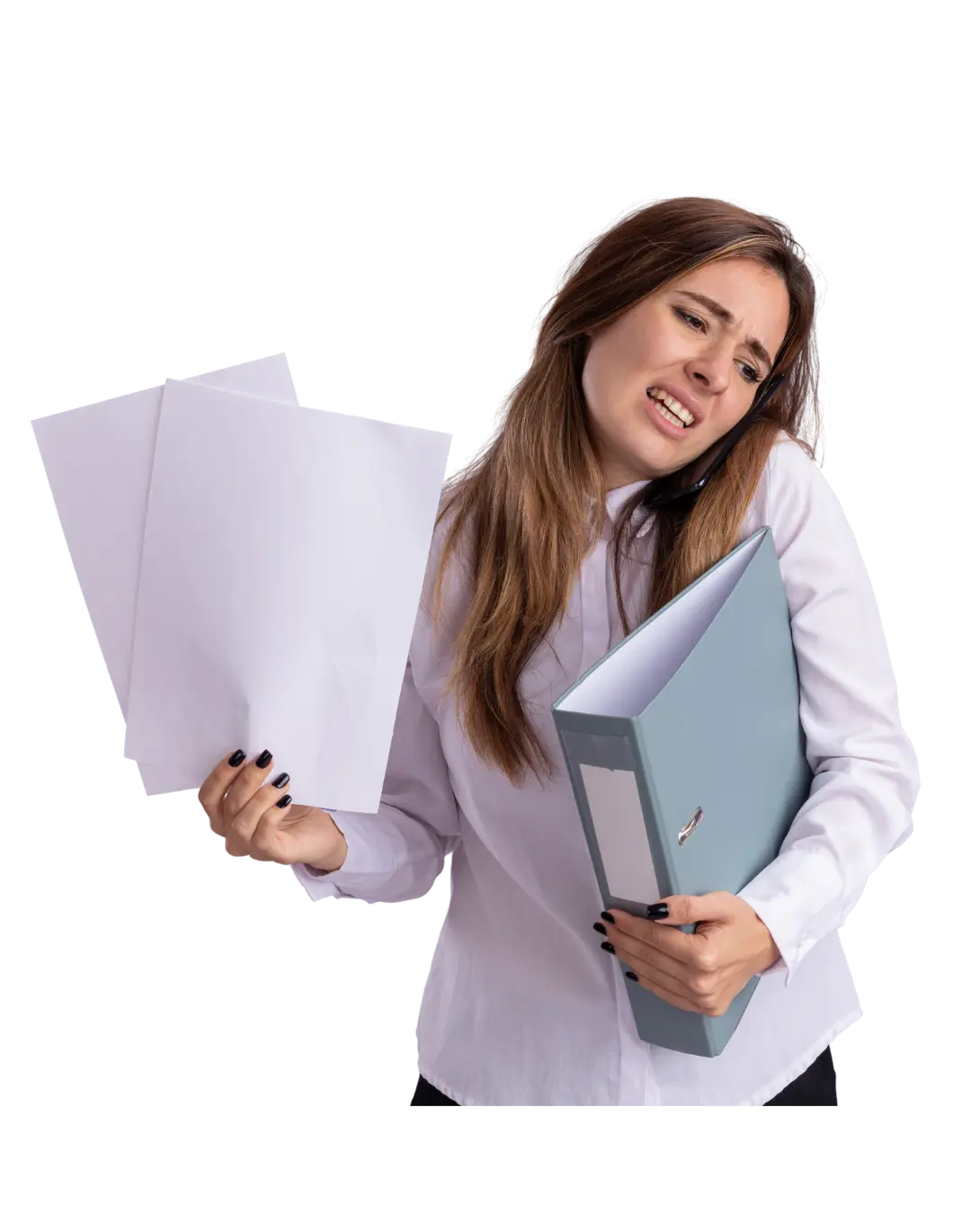 Mulher empreendedora sobrecarregada com documentos e processos operacionais